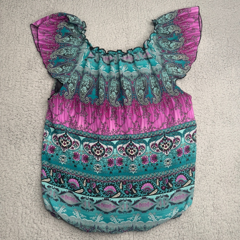 Wrapper boho paisley peasant top beaded flutter sleeve blue pink size XL Y2K - Picture 6 of 8